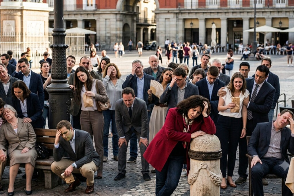 Muchas personas angustiadas en una plaza