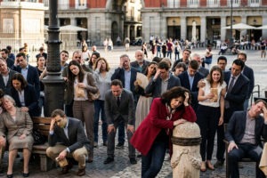 Muchas personas angustiadas en una plaza