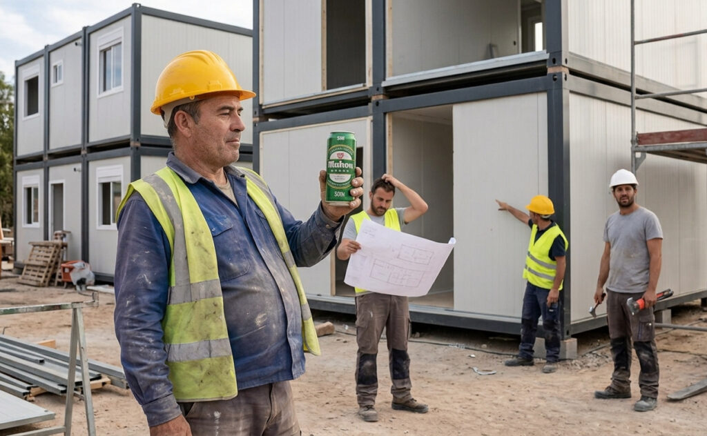 Varios trabajadores de la construcción en una situación paródica