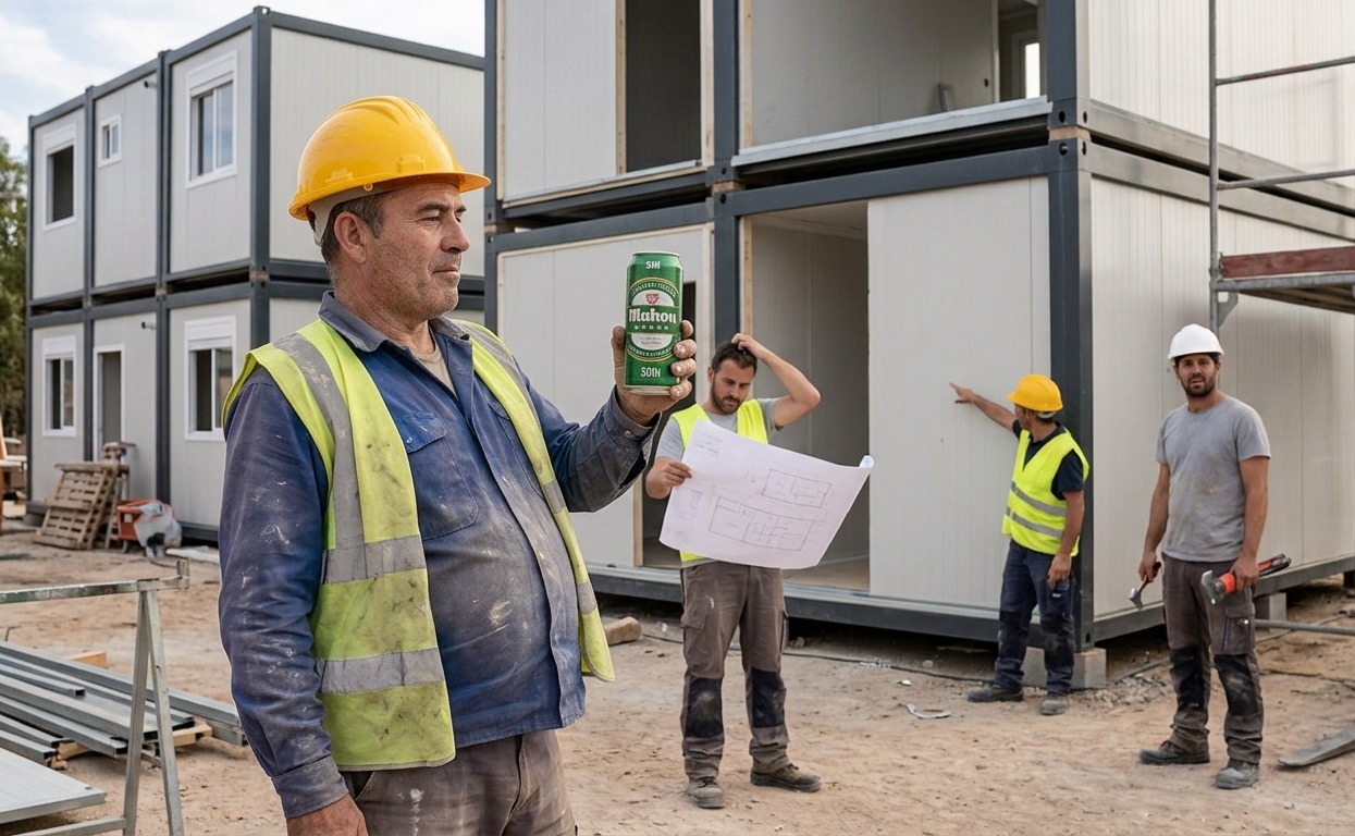 Varios trabajadores de la construcción en una situación paródica