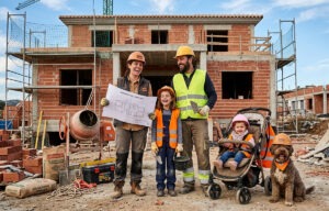 Familia vestida de constructores ante una casa a medio hacer