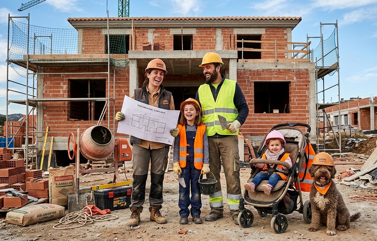 Familia vestida de constructores ante una casa a medio hacer