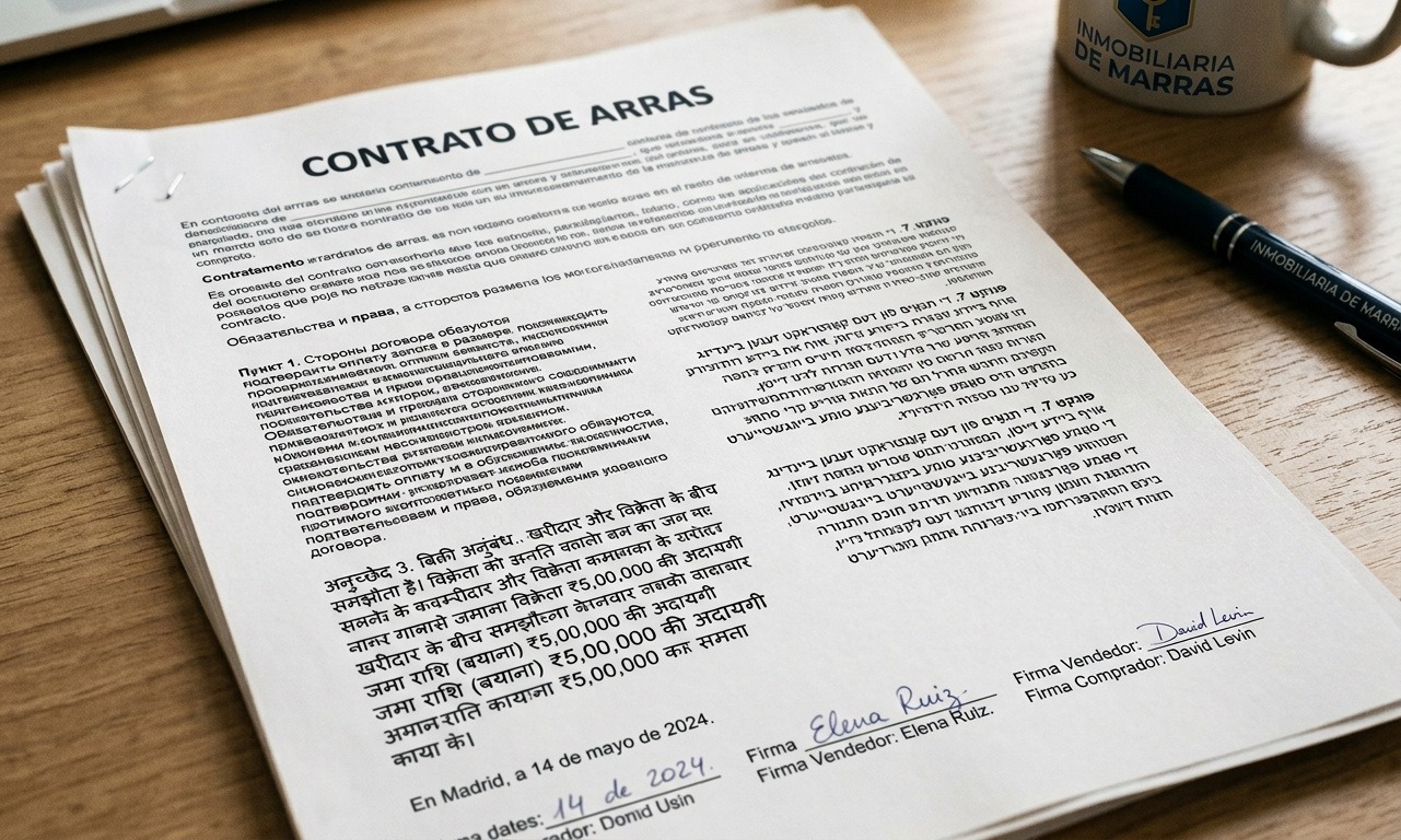 Un contrato de arras escrito con varios idiomas