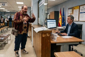 Un hombre vestido de reguetonero rapea ante la mirada estupefacta de un funcionario