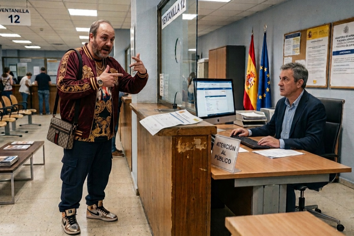 Un hombre vestido de reguetonero rapea ante la mirada estupefacta de un funcionario