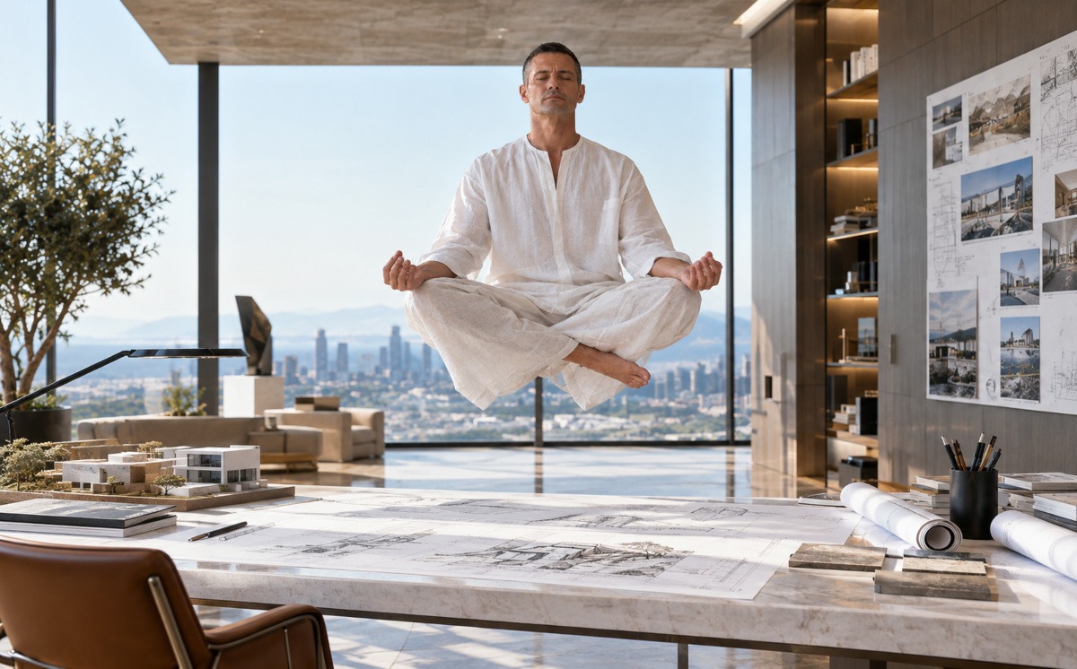 Un arquitecto levitando en su estudio
