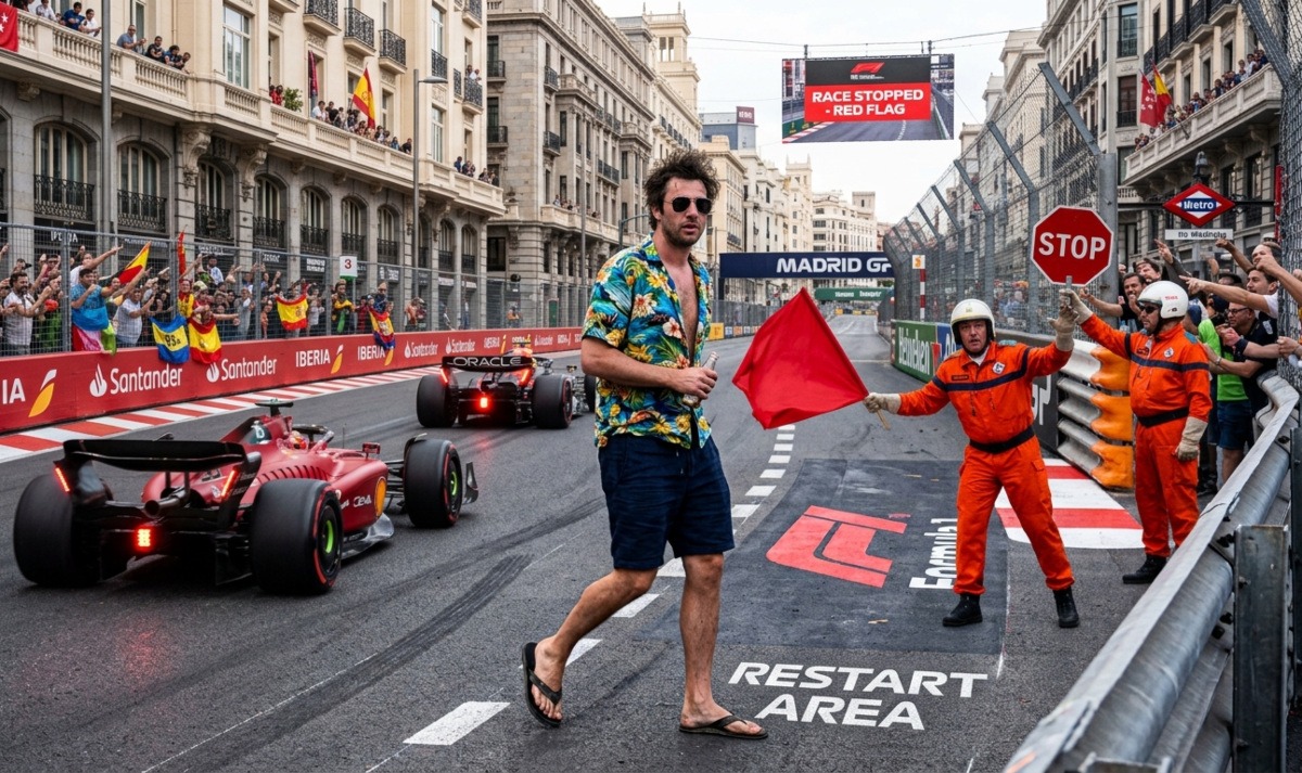 Un festivalero cruza la pista de un Gran Premio de Fórmula 1